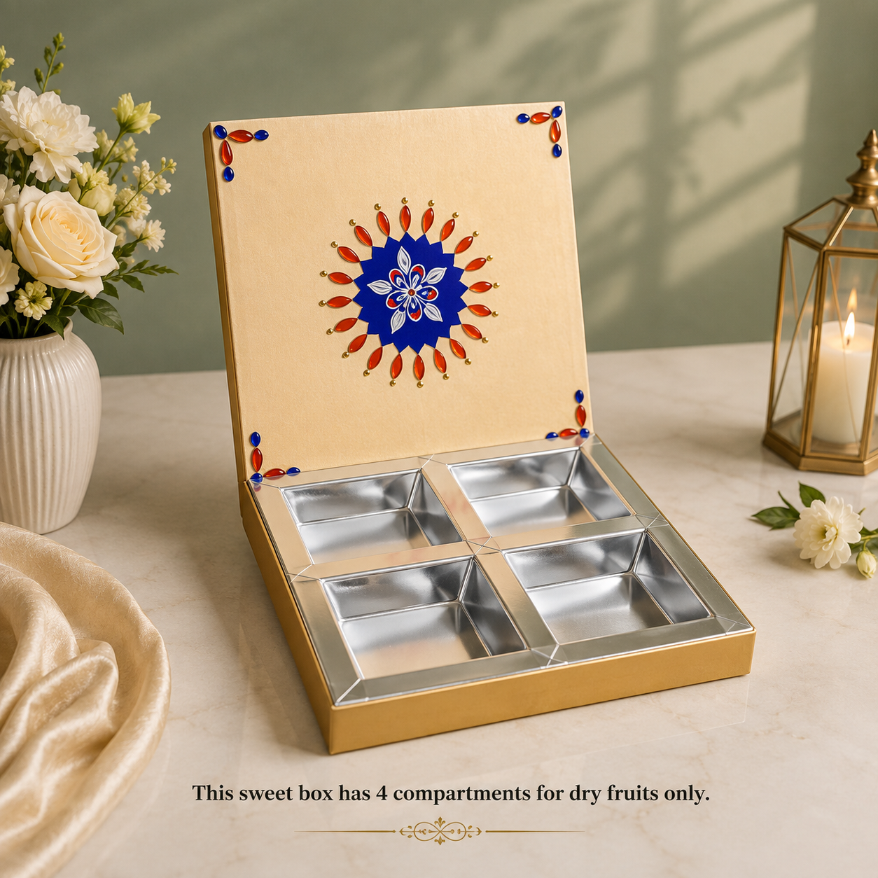 This sweet box has 4 compartments for dry fruits only.