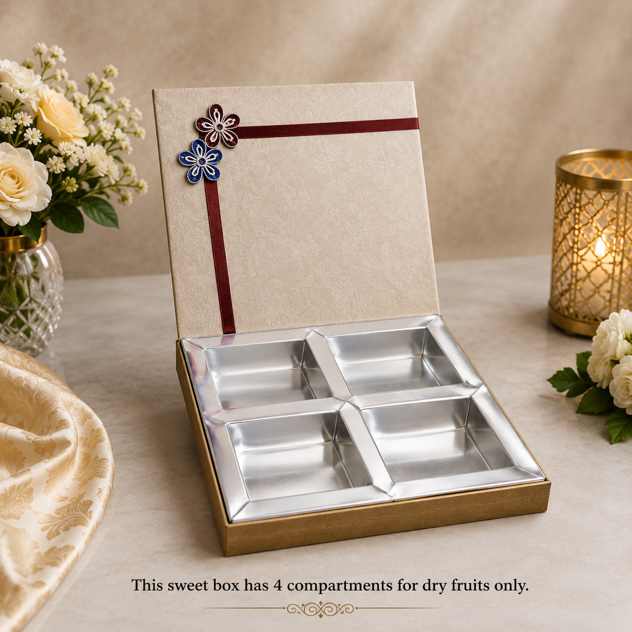 This sweet box has 4 compartments for dry fruits only.